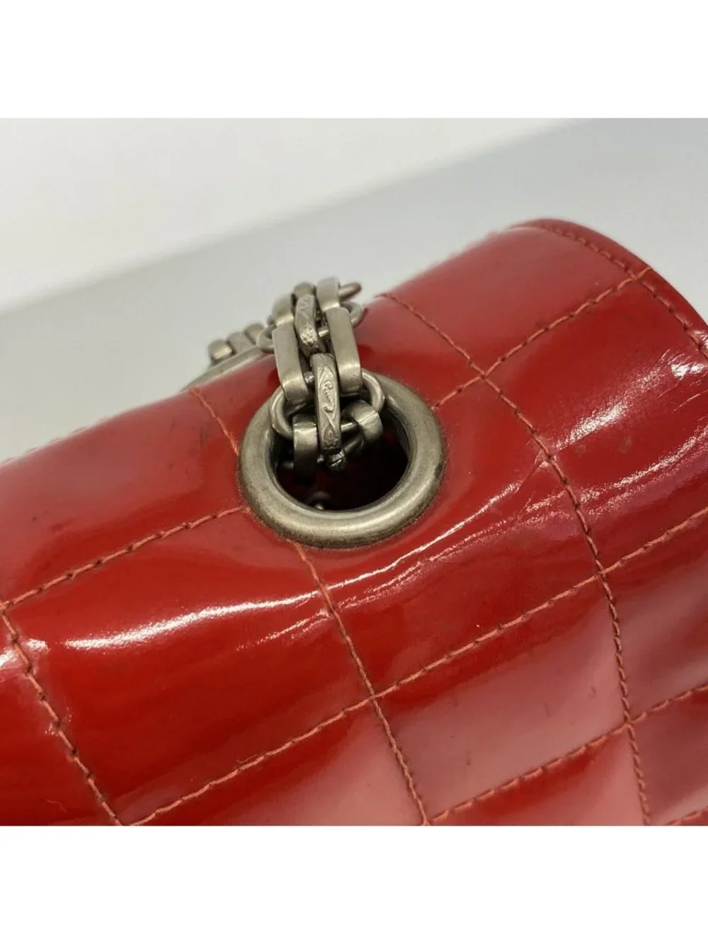 Chanel Shoulder Bag 2.55 Choco Bar Patent Leather Red Silver